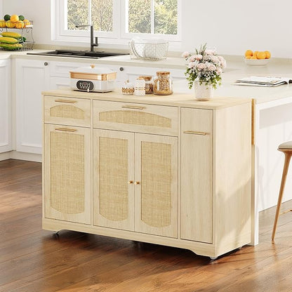 IDEALHOUSE 53.1" Rattan Kitchen Island with Storage, Rolling Dining Cart with Trash Storage Cabinet, Mobile Island Cart with Drop Leaf, Adjustable Shelves, Drawer, 5 Wheels (Natural)