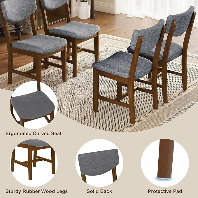 VilroCaz Rustic 5-Piece Dining Set, Solid Wood Rectangle Table with 4 Upholstered Chairs, Farmhouse-Style Dining Furniture for Kitchen & Dining Room, Minimalist Dining Set for 4 (Walnut-1.21)