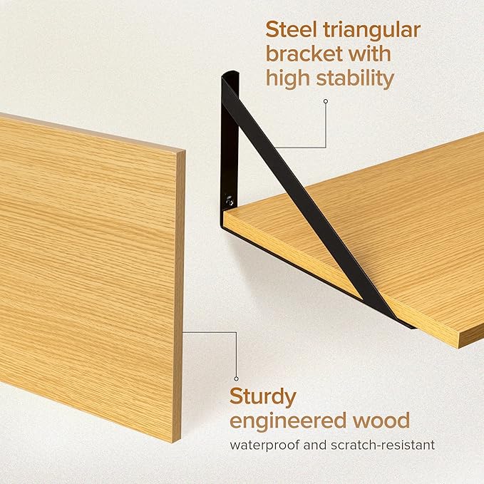 Acovy Deep Floating Shelves Wall Mounted, 24"x12" Oak Wall Shelves with Brackets Set of 2 for Bedroom, Living Room, Bathroom, Kitchen, Office - Storage & Display Shelf for Decor, Books, Plants