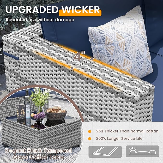 UDPATIO Outdoor Patio Furniture Set, 7 Piece PE Wicker Sectional Sofa with Tea Table, Outdoor Conversation Set with Waterproof Cover for Patio, Garden, Backyard (Blue Cushions with Grey Rattan)