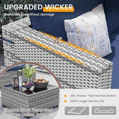 UDPATIO Patio Furniture Set with Fire Pit Table, 8 Pieces Outdoor Sectional Sofa, PE Wicker Patio Conversation Set for Garden, Backyard (Blue Cushions with Grey Rattan)