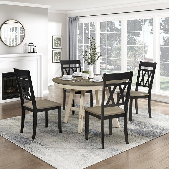 Lexicon Farmhouse Wood Dining Chair, Set of 2, Double Cross Back, Rustic Armless Chairs, Kitchen and Dining Room Furniture, Two-Tone Finish (Greywash and Antique Black)
