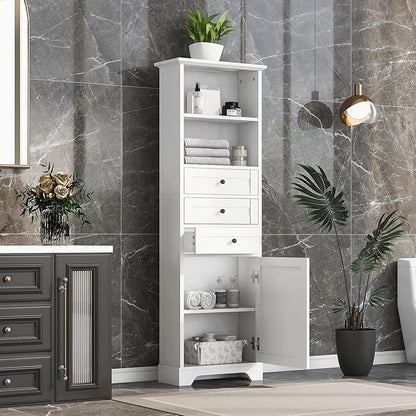 67" H Storage Cabinet with Drawers and Door, Tall Bookshelf Space Saver for Bathroom or Kitchen, Adjustable Shelf, White
