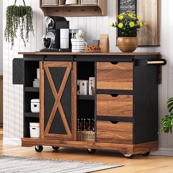 RUNNA Farmhouse Kitchen Island with Drop Leaf, Kitchen Storage Island with Barn Door, Power Outlet,Rolling Kitchen Cart on Wheels with Spice Rack, for Home, Kitchen,Dining Room (Black_29)