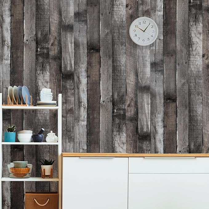 Yun-aeon Natural Wood-Dark Grey Wood Contact Paper Peel and Stick Wallpaper 34.6"x 480" Self Adhesive Removable Vintage Faux Wood Wall Paper Plank Shelf Home Decoration Kitchen Counter Cover Use