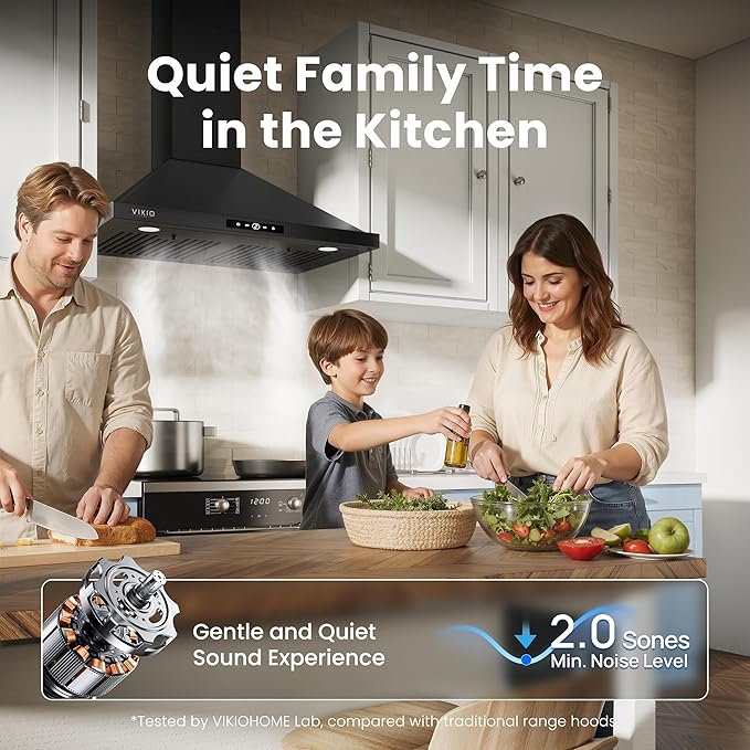 VIKIO HOME Wall Mount Range Hood 30 inch, 580 CFM Kitchen Vent Hood, Ducted/Ductless Convertible with Touch Control, Stainless Steel Stove Vent Hood, Easy Clean Filter, Black