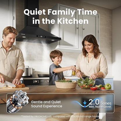 VIKIO HOME Wall Mount Range Hood 36 inch, 580 CFM Kitchen Vent Hood, Ducted/Ductless Convertible with Touch Control, Stainless Steel Stove Vent Hood, Easy Clean Filter, Black