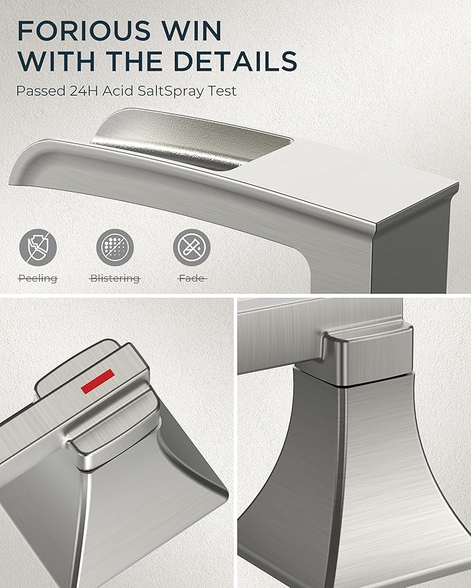 FORIOUS Brushed Nickel 3 hole bathroom faucet, 8" Widespread bathroom sink faucet Waterfall for 4"-16" Sinks, 2 Brass Handle for Vanity with Metal Drain Stopper and CUPC Pre-Installed Hose System