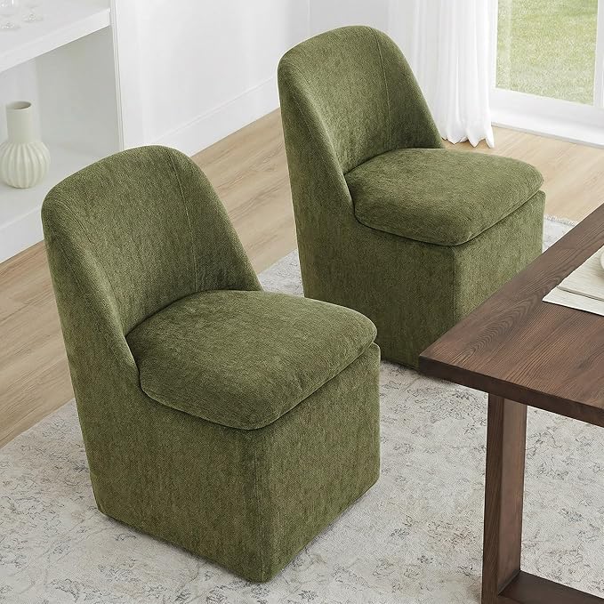 KISLOT Upholstered Dining Chairs Set of 2 with Casters, Modern Side Armless Deskchair with Washable Slipcover & Sturdy Metal Frame for Diningroom Bedroom Livingroom Reading Room, Green Fabric