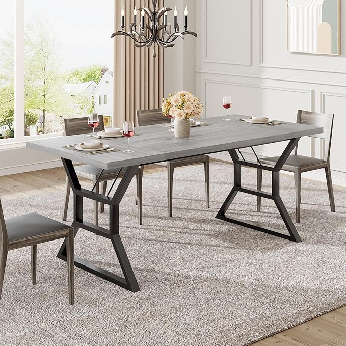 GarveeHome 70.9 in Large Dining Room Table for 6, Rectangular Kitchen Table with Heavy Duty Metal Legs, Farmhouse Wooden Dining Table for Big Family (Grey)