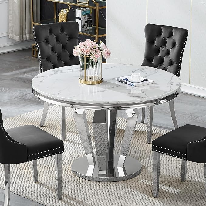 Round Marble Dining Table for 4 6，Modern 45" White Silver Kitchen Table with Faux Marble Top & Diamond Design Pedestal Base, American-Style Round Dining Room Dinner Table,Home Kitchen Furniture