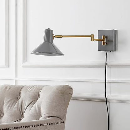 JONATHAN Y 16" Grey/Brass Gold 1-Light Modern Swing Arm Sconce with USB Port, Plug-in Midcentury LED Bedside Lamp with White Iron Shade for Bedroom Living Room (JYL1302C)