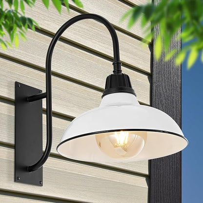 JONATHAN Y 12.25" White/Black 1-Light Farmhouse Gooseneck Outdoor Wall Sconce Lamp, with Black Metal Bowl Shade, Industrial Iron LED Porch Light for Patio Garage Entryway JYL7614A