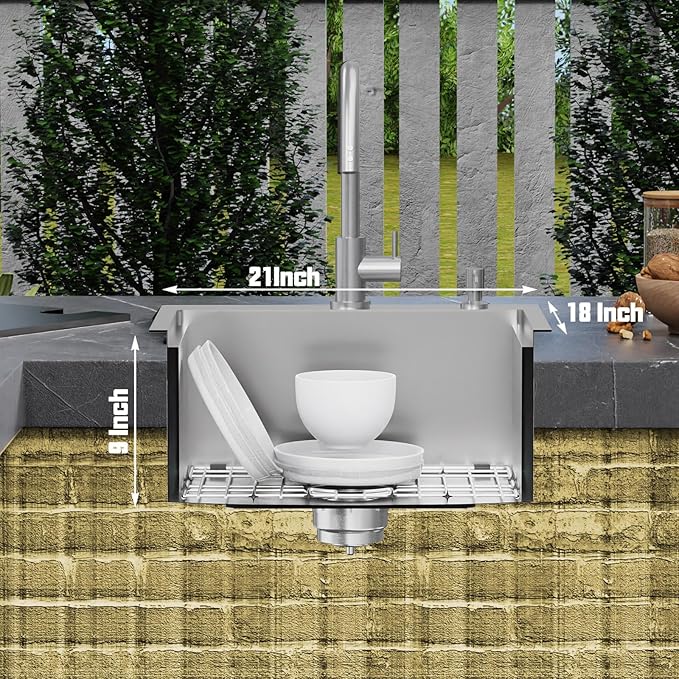 21x18 Inch Kitchen Sink With Dust Lid-Stainless Steel Drop In Single Bowl Built-in Ledge Topmount Workstation Sink Fully Covering Sink To Maintain Cleanliness Suit Outdoor&Indoor Kitchen