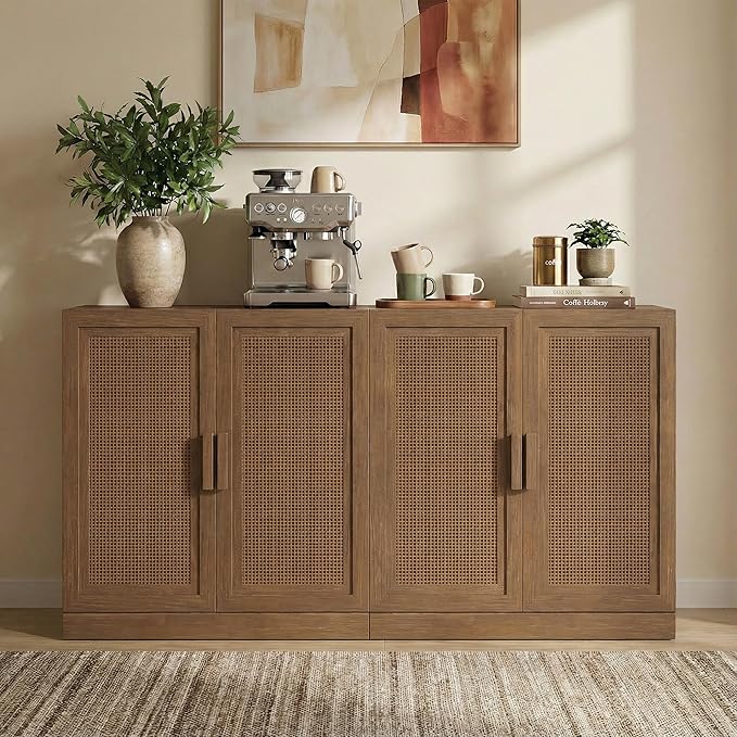 Casaphoria Adam Sideboard Buffet Cabinet with Storage, Sideboard Cabinet with Rattan Doors & Adjustable Shelves, 62" W x 31" H Coffee Bar for Entryway Kitchen Living Room, Walnut