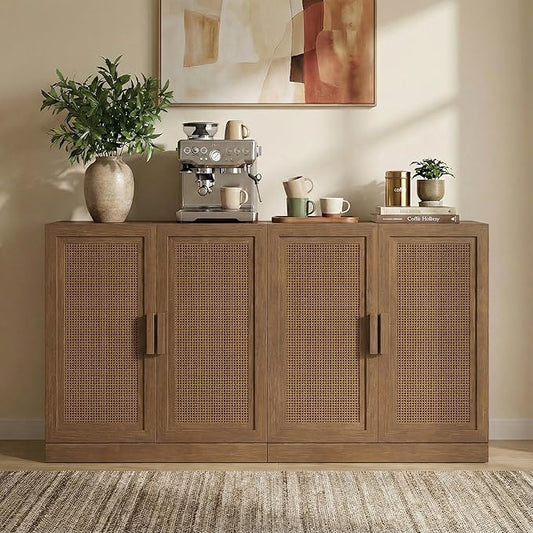 Casaphoria Adam Sideboard Buffet Cabinet with Storage, Sideboard Cabinet with Rattan Doors & Adjustable Shelves, 62" W x 31" H Coffee Bar for Entryway Kitchen Living Room, Walnut