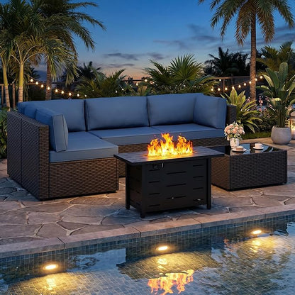 JAMFLY Patio Furniture Sets, 6-Piece Outdoor Patio Furniture with 43'' Propane Gas Fire Pit Table, Wicker Outdoor Conversation Set Sectional Sofa for Backyard, Poolside, Garden, Aegean Blue