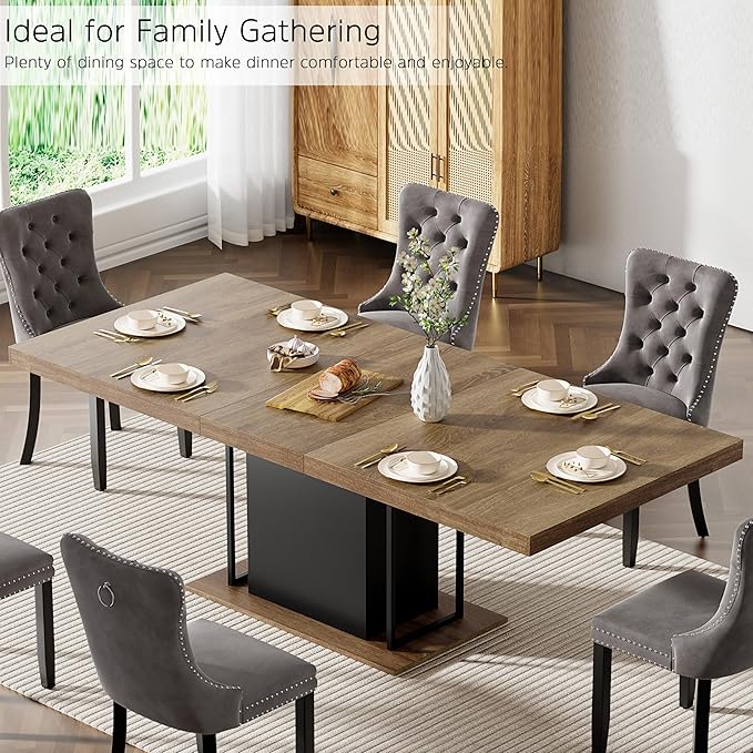 78.74" Wooden Extendable Dining Table for 8-10 People, Modern Farmhouse Expandable Kitchen Table with Black Pedestal Base, Long Large Rectangular Extendable Kitchen Dining Room Table, Brown