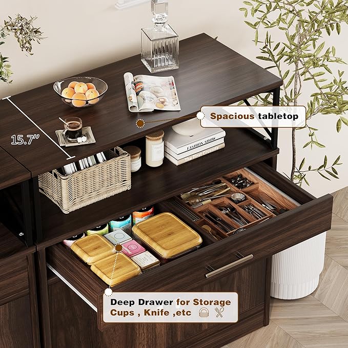 Vongrasig Coffee Bar Cabinet, Farmhouse Kitchen Storage Cabinet with Adjustable Shelf, 31“ Modern Sideboard Buffet Table for Kitchen, Dining Room, Rustic Brown