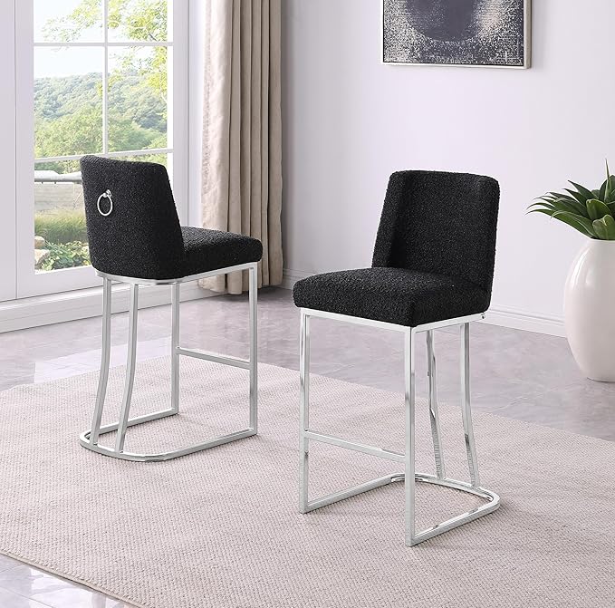 Modern Chairs Set of 2, Chrome Side Chairs & Counter Stools with Ring Pull Back, Luxury Upholstered Chairs for Kitchen Island, Dining Room & Home Bar (Boucle, Black/Silver, Counter Height Chair)