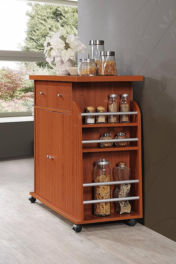 Hodedah Import Kitchen Island with Spice Rack and Towel Rack, Cherry