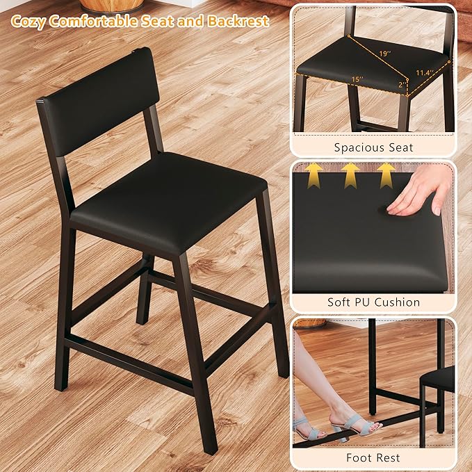 Bar Table and Chairs Set, 3 Piece Convertible L-Shaped Kitchen Table with 2 PU Leather Bar Stools, 63‘’ Counter Height Small Dining Table with Power Outlets, Space Saving, Breakfast Nook Corner, Black