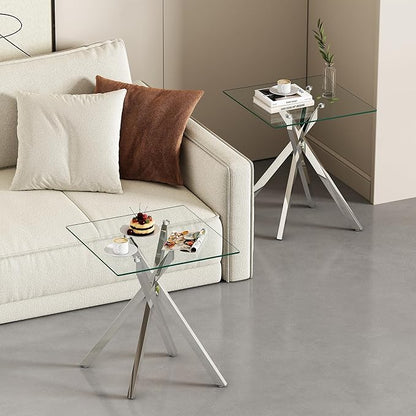 Square Side Table with X-Shaped Silver Chrome Metal Base, Tempered Glass End Tables Small End Table, Living Room Sofa Couch Side Table, Modern Bedsde Tables Bedroom Night Stand, Clear Nightstand