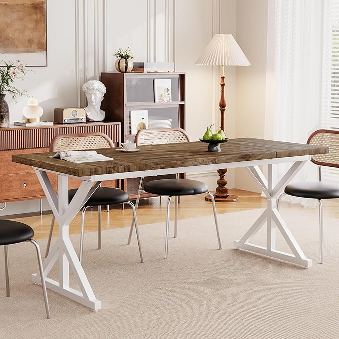 Farmhouse Dining Table for 6 People, 70.8 Inch Rectangular Wood Dining Table, Rustic Kitchen Table with Extra Heavy Duty Metal Legs for Dining Room-Oak