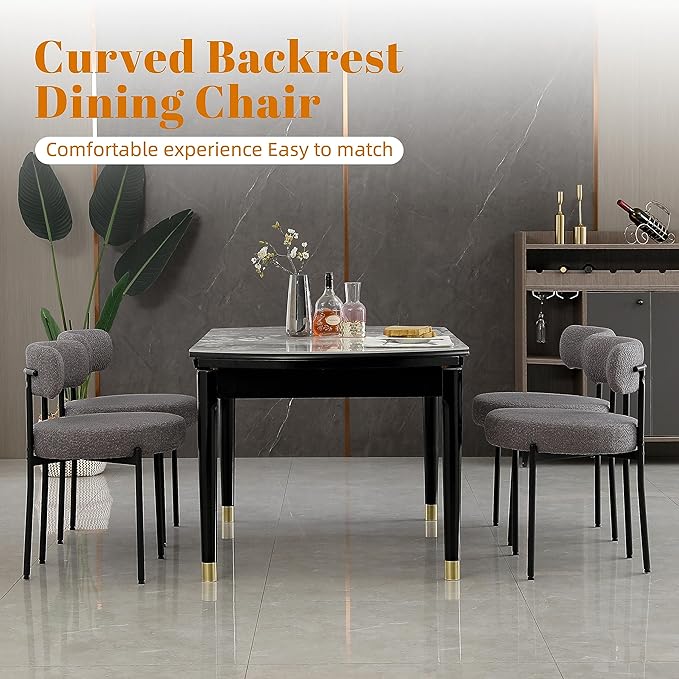 DYHOME Boucle Dining Chairs Set of 4, Upholstered Kitchen Dining Room Chairs, Side Chairs with Thick Cushions and Metal Legs for Kitchen Living Room, Dark Grey