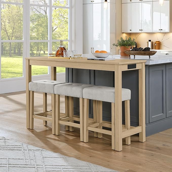 4-Piece Kitchen Island Counter-Table Set with Charging Station, Industrial 59" Dining Tables with 3 Stools, 59 Inch Farmhouse Bar Table Chairs w/USB & Type-C & Power Outlets,Light Oak
