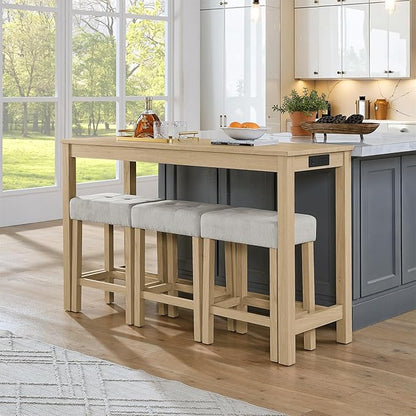 4-Piece Kitchen Island Counter-Table Set with Charging Station, Industrial 59" Dining Tables with 3 Stools, 59 Inch Farmhouse Bar Table Chairs w/USB & Type-C & Power Outlets,Light Oak