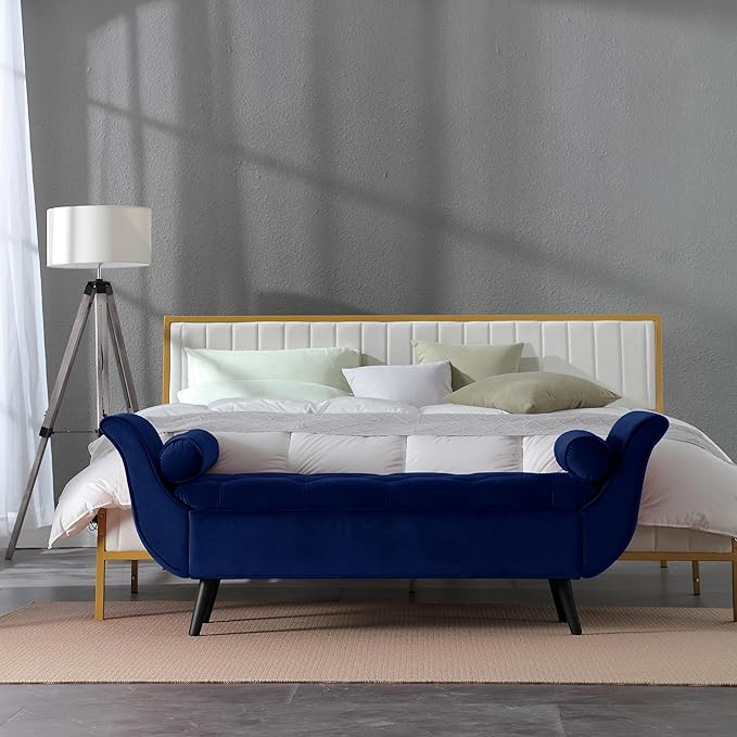 Modern Ottoman Bench with Storage, Upholstered Footstool for Bedroom Living Room Hallway, Bedside Pouf Toy Storage Ottoman Footrest, Versatile Storage Chest Bench Seat,Navy-Velvet