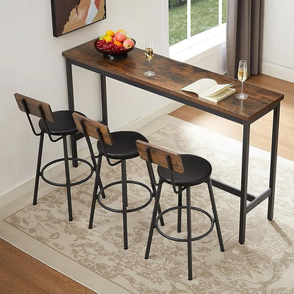 GNIXUU 4 Piece Long Bar Table and Chairs Set, Industrial Counter Height Dining Table Set with Sofa Bar Table and 3 Upholstered Stools with backrest for Breakfast Nook Living Room Small Space(Brown)