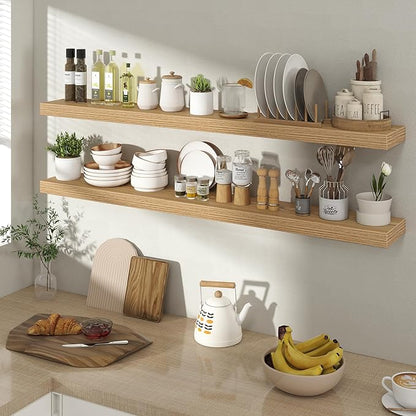 Acovy 48 Inch Floating Shelves for Wall 2 Pack, 48" Wall Shelves for Books, Storage, Decor, Wall Mounted Floating Shelf with Invisible Brackets for Kitchen, Living Room, Light Brown