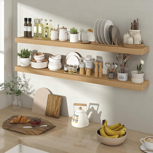 Acovy 48 Inch Floating Shelves for Wall 2 Pack, 48" Wall Shelves for Books, Storage, Decor, Wall Mounted Floating Shelf with Invisible Brackets for Kitchen, Living Room, Light Brown