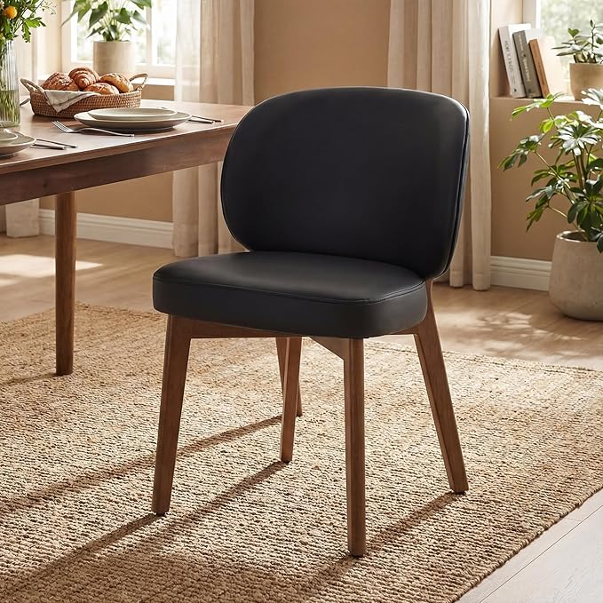 YOUNIKE Black Dining Chair with High Back Single Mid Century Modern Kitchen Chair Faux Leather Upholstered Armless Accent Chair 20" Wide Padded Seat with Soild Wooden Legs for Living Room Bedroom