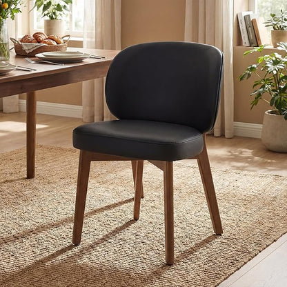 YOUNIKE Black Dining Chair with High Back Single Mid Century Modern Kitchen Chair Faux Leather Upholstered Armless Accent Chair 20" Wide Padded Seat with Soild Wooden Legs for Living Room Bedroom