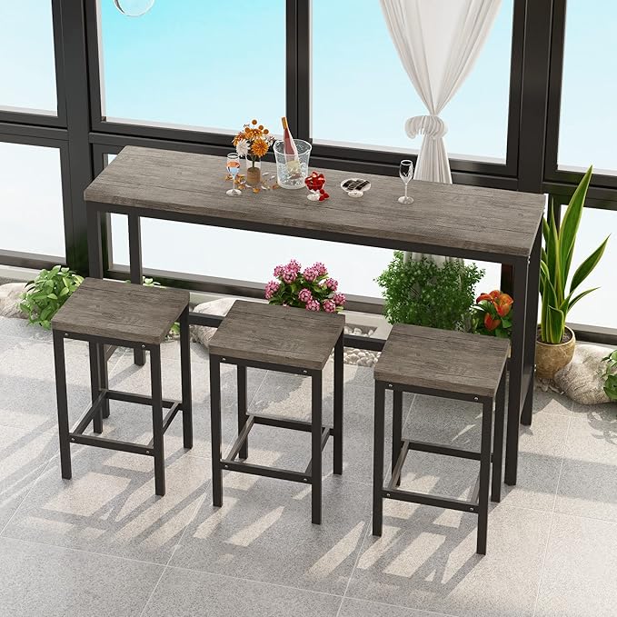 Merax 4-Piece Counter Height Extra Long Dining Table Set with 3 Stools and Footrest, Modern Design Kitchen Dining Table, Pub Table, Long Dining Table Set, Brown Gray