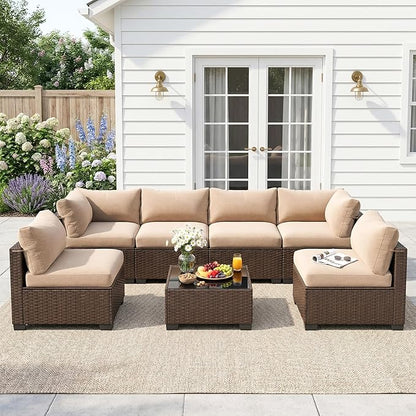 Patio Furniture Set, 7-Piece Outdoor Sectional Couch with Coffee Table & Thick Cushions, Outdoor Wicker Conversation Set for Backyard, Poolside, Garden (Brown-Camel, 7 Piece-Single)
