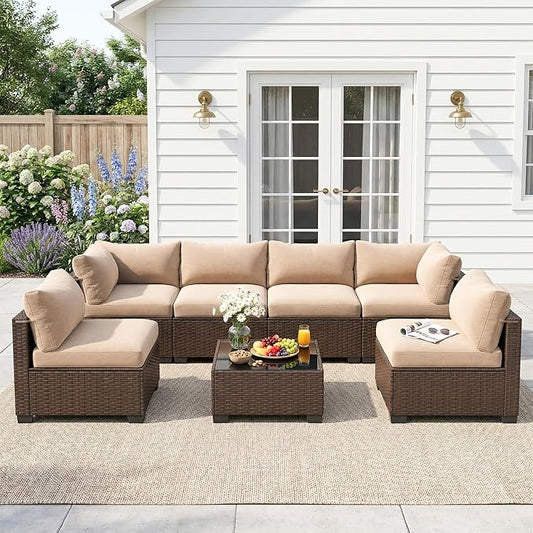 Patio Furniture Set, 7-Piece Outdoor Sectional Couch with Coffee Table & Thick Cushions, Outdoor Wicker Conversation Set for Backyard, Poolside, Garden (Brown-Camel, 7 Piece-Single)