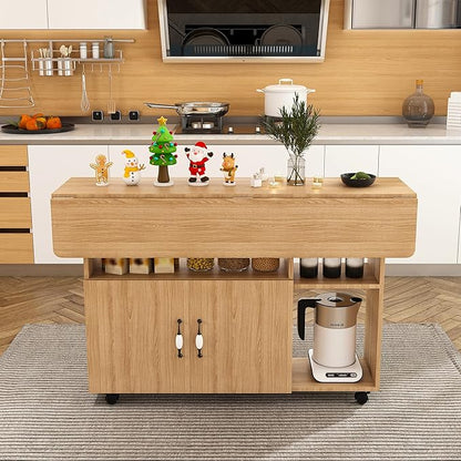 47" Folding Dining Table with Storage Shelves & Multi-Functional Rolling Kitchen Island on Wheels, Compact Desk for Small Spaces, Kitchen, Dining Room, Work, Ancient Oak