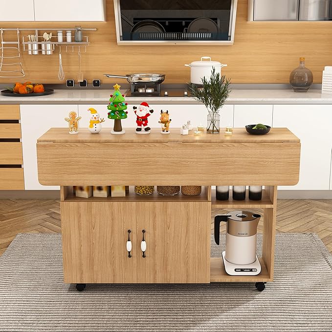 Multi-Functional Folding Dining Table Kitchen Island with Storage Shelves and Wheels, Space Saving Dining Tables Compact Desk for Dining Room, Kitchen, Dorm, Office (Walnut)