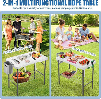 Folding Fish Cleaning Table Portable Camping Double Sinks Table w/2 Dual Water Basins, Faucet Drainage Hose & Sprayer Outdoor Fish Fillet Cleaning Station w/Knife, Storage Box,Black | Portable, Camping, 2 Dual Water Basins, Faucet, Drainage Hose, Sprayer