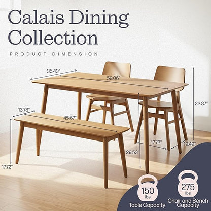 Alaterre Furniture Calais Dining – 4 Piece Dining Table Set for 4 with Chairs and Bench – Mid Century Modern 59-Inch Solid Wood Kitchen & Dining Room Table with Bench, and 2 Chairs (Pecan Finish)