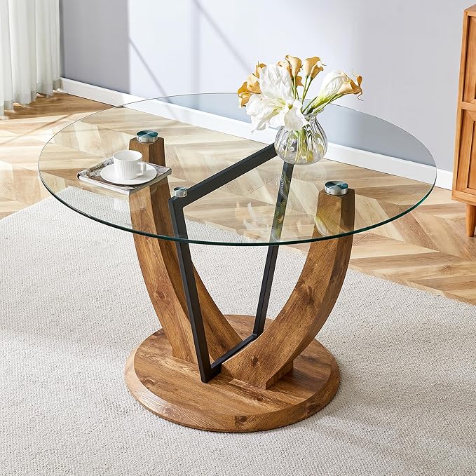 JUFU Round Dining Table for 4/6, 48 Inch Dining Room Table, Wood Small Kitchen Table with Stable Pedestal, Modern Glass Dining Table for Kitchen,Living Room,Apartment,Restaurant