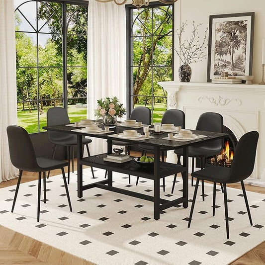 Dining Table Set with Storage and 6 Chairs, 71x35.4 Inch Black Grain Spliced Table with PU Upholstered Seats, Modern Mid-Century Style for Kitchen and Dining Room, Family Gatherings