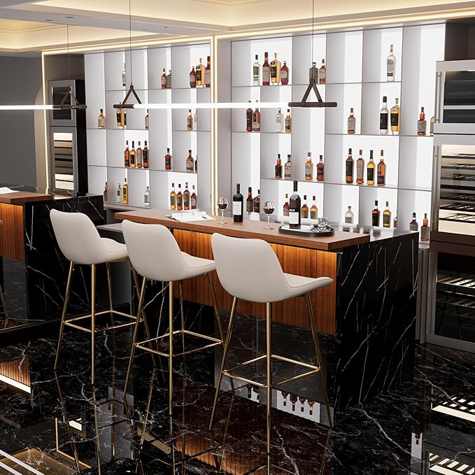 Modern Bar Table and Bar Stools Set, Marble-Look Counter Table with Wood Accent Top & Beige Velvet Bar Chairs Set of 3 with Gold Legs, Kitchen Island Pub Table Set for Home Bar, Dining Room