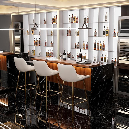 Modern Bar Table and Bar Stools Set, Marble-Look Counter Table with Wood Accent Top & Beige Velvet Bar Chairs Set of 3 with Gold Legs, Kitchen Island Pub Table Set for Home Bar, Dining Room