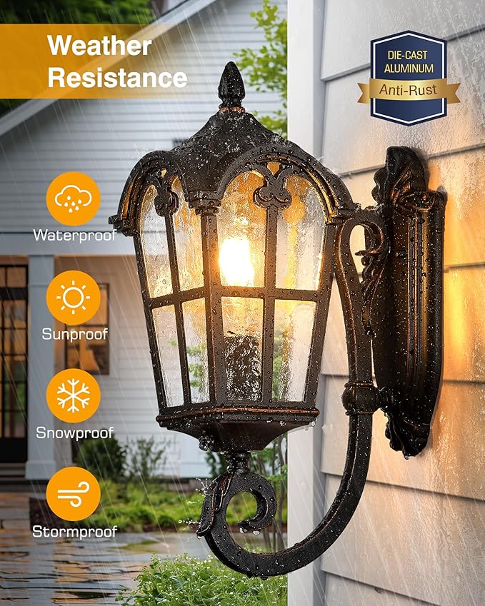 VIANIS Exterior Lighting Fixtures Dusk to Dawn, Vintage Oil Rubbed Bronze Front Porch Lights with Gold Trim, Waterproof and Anti-Rust Outdoor Wall Light Fixtures for House, Porch, Garden, Doorway