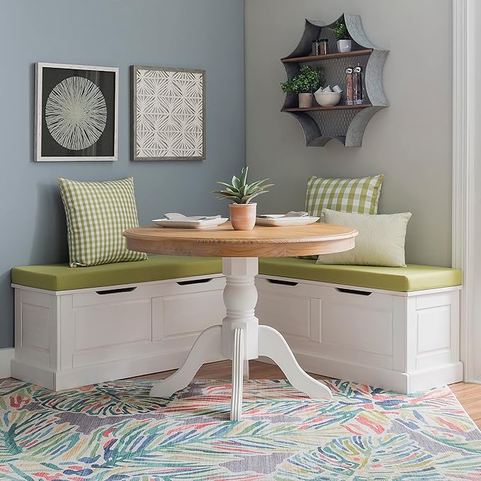 Linon Tobin Natural & White Dining Nook with Hidden Storage Spaces Includes Apple Green Cushion Set and Pillows